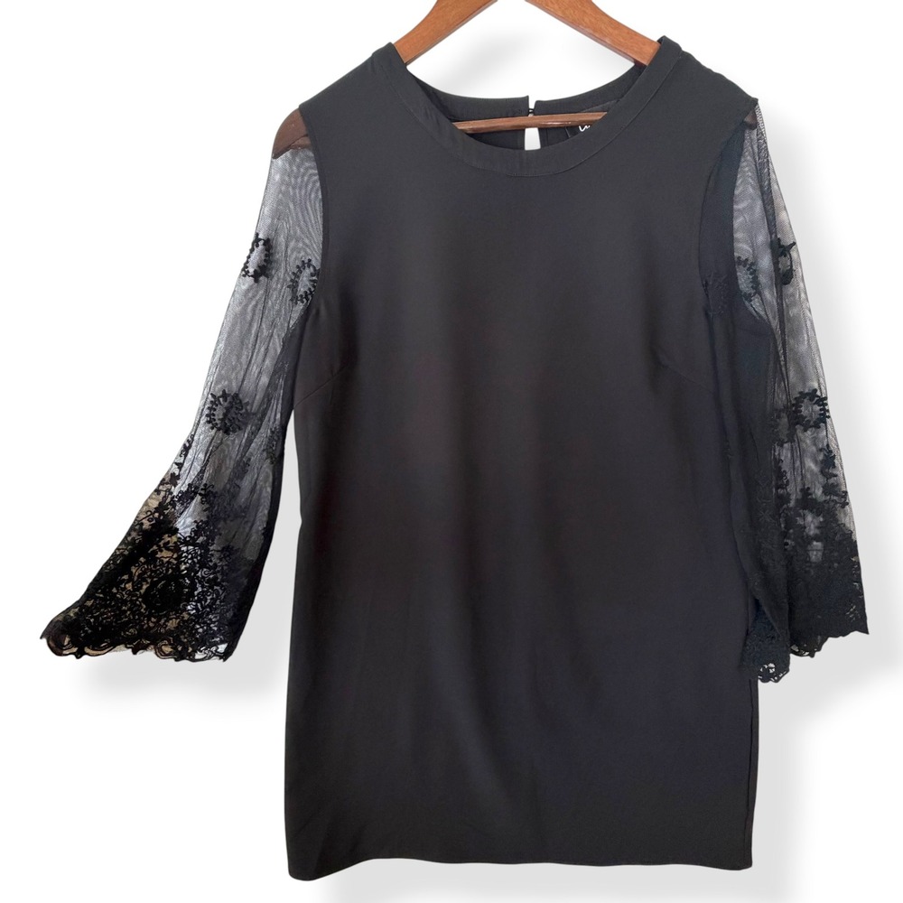 Lulus Dress L Black Embroidered Sheer Mesh Bell Sleeve Once Upon A Midnight LBD